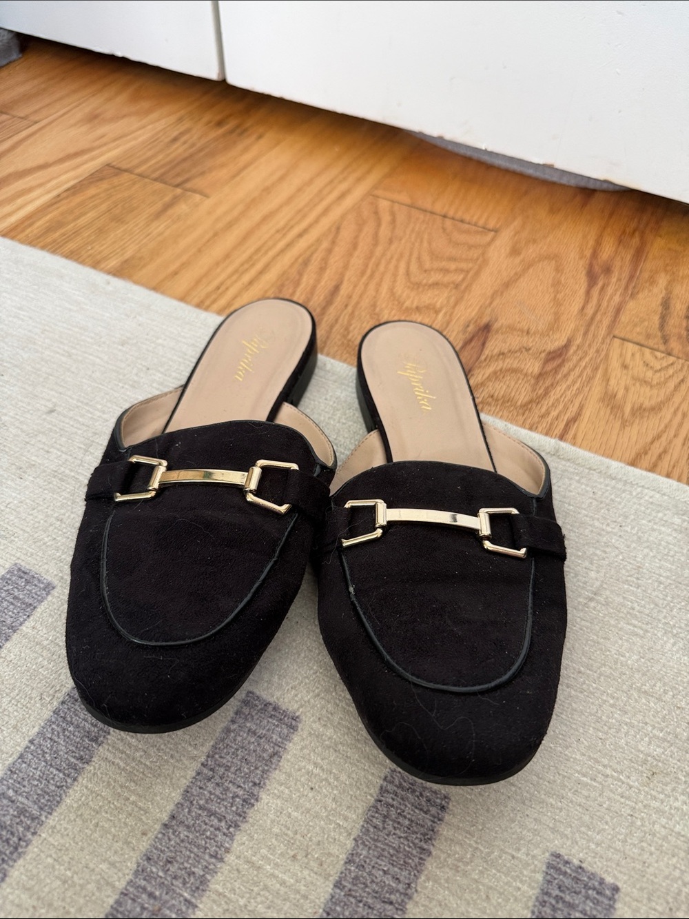 Paprika Black Suede-Style Slip-On Mules with Gold Buckle
